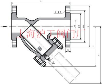 GL41H 型 PN10~PN16 法蘭連接鐵制Y型過(guò)濾器主要外形及結(jié)構(gòu)尺寸示意圖