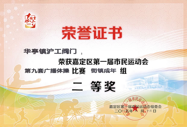 嘉定區(qū)第一屆市民運(yùn)動會第九套廣播體操比賽二等獎榮譽(yù)證書