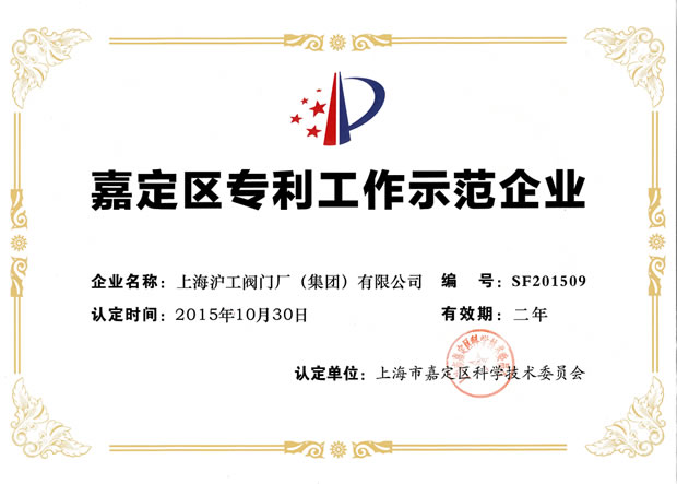 上海滬工閥門廠嘉定區(qū)專利工作示范企業(yè)證書